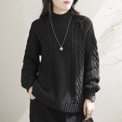 Women's chunky knit sweater with high collar and cable pattern NOVAE