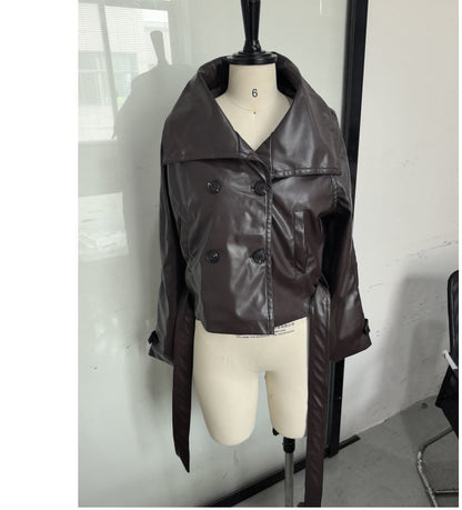 Women's Fashionable Cropped Leather Jacket with Double Button Placket and Wide Collar NOVAE