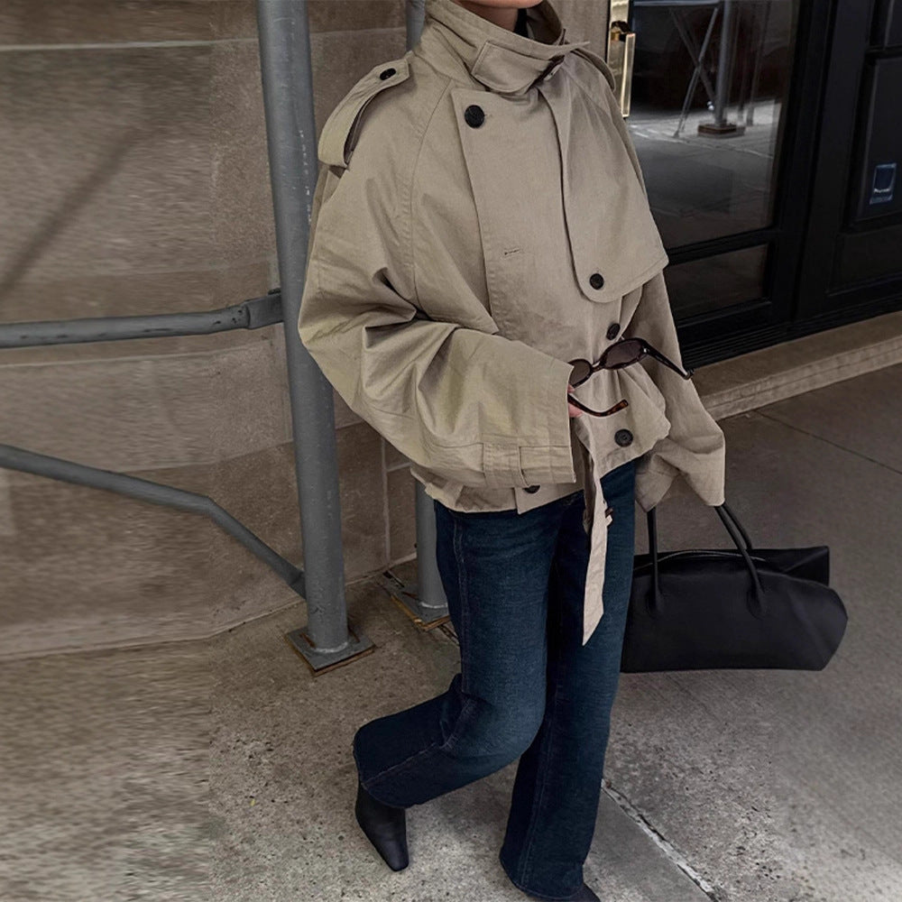 Women's fashionable short jacket with high collar and waist belt NOVAE