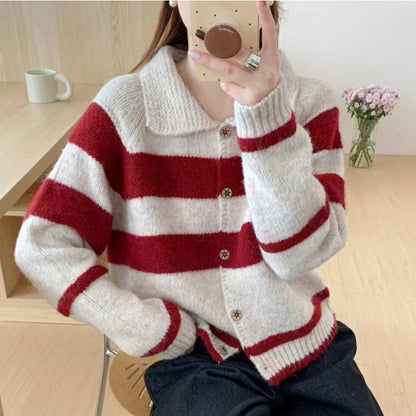 Women's cardigan with decorative collar and fashionable stripes NOVAE