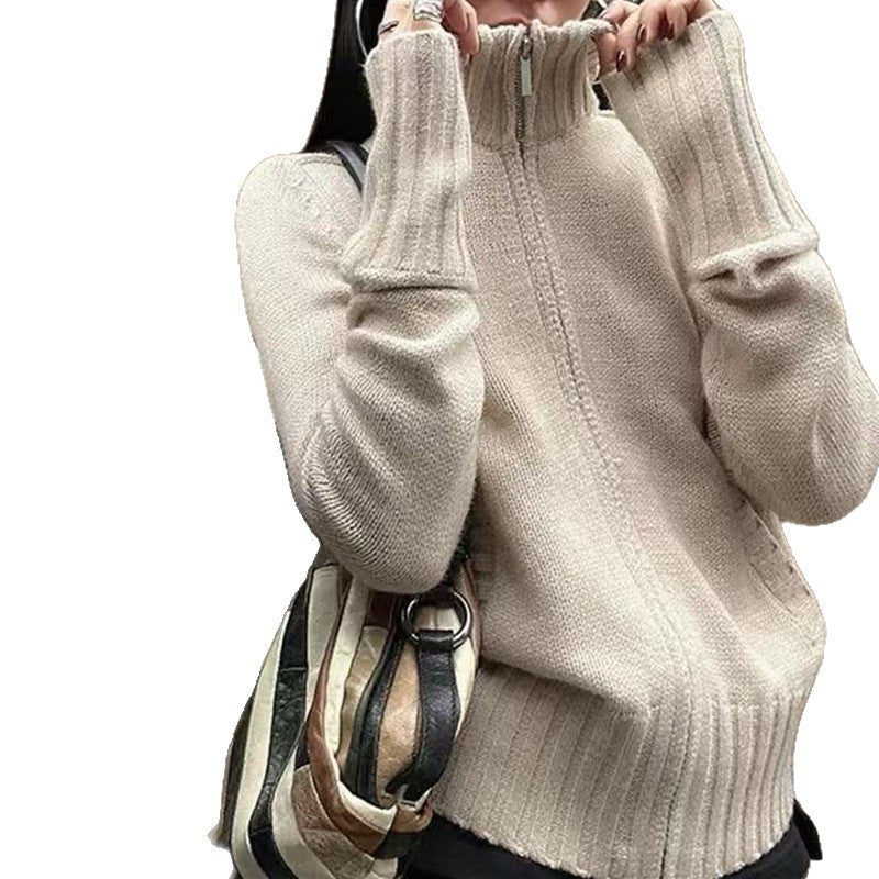 Women's knit sweater with high stand-up collar and ribbed texture NOVAE