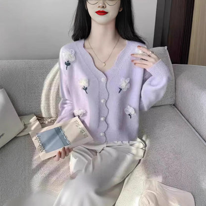 Women's cardigan with floral design and elegant pearl buttons NOVAE