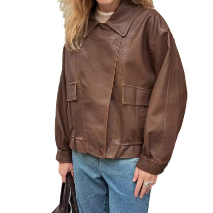 Women's fashionable leather jacket with oversized cut and practical pockets NOVAE