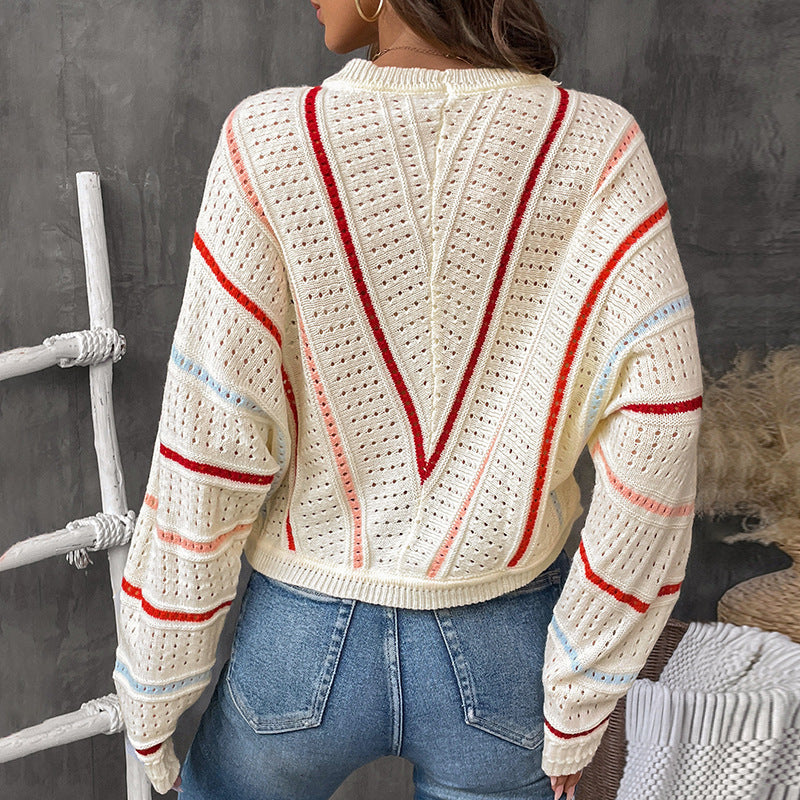 Women's knitted sweater with modern openwork pattern and decorative stripes NOVAE