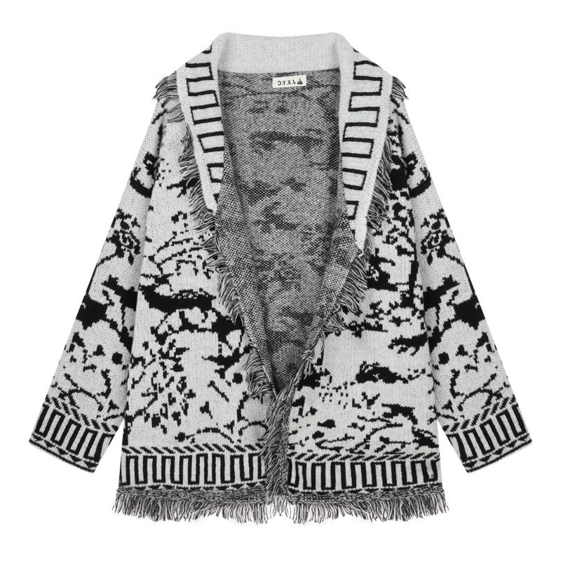 Women's fringed cardigan with graphic pattern and open fronts NOVAE