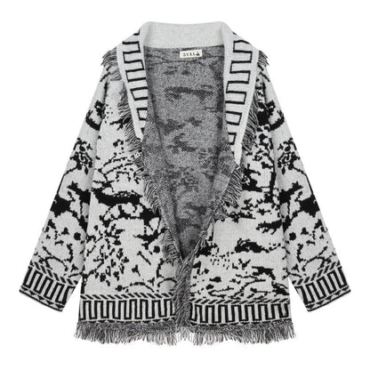 Women's fringed cardigan with graphic pattern and open fronts NOVAE