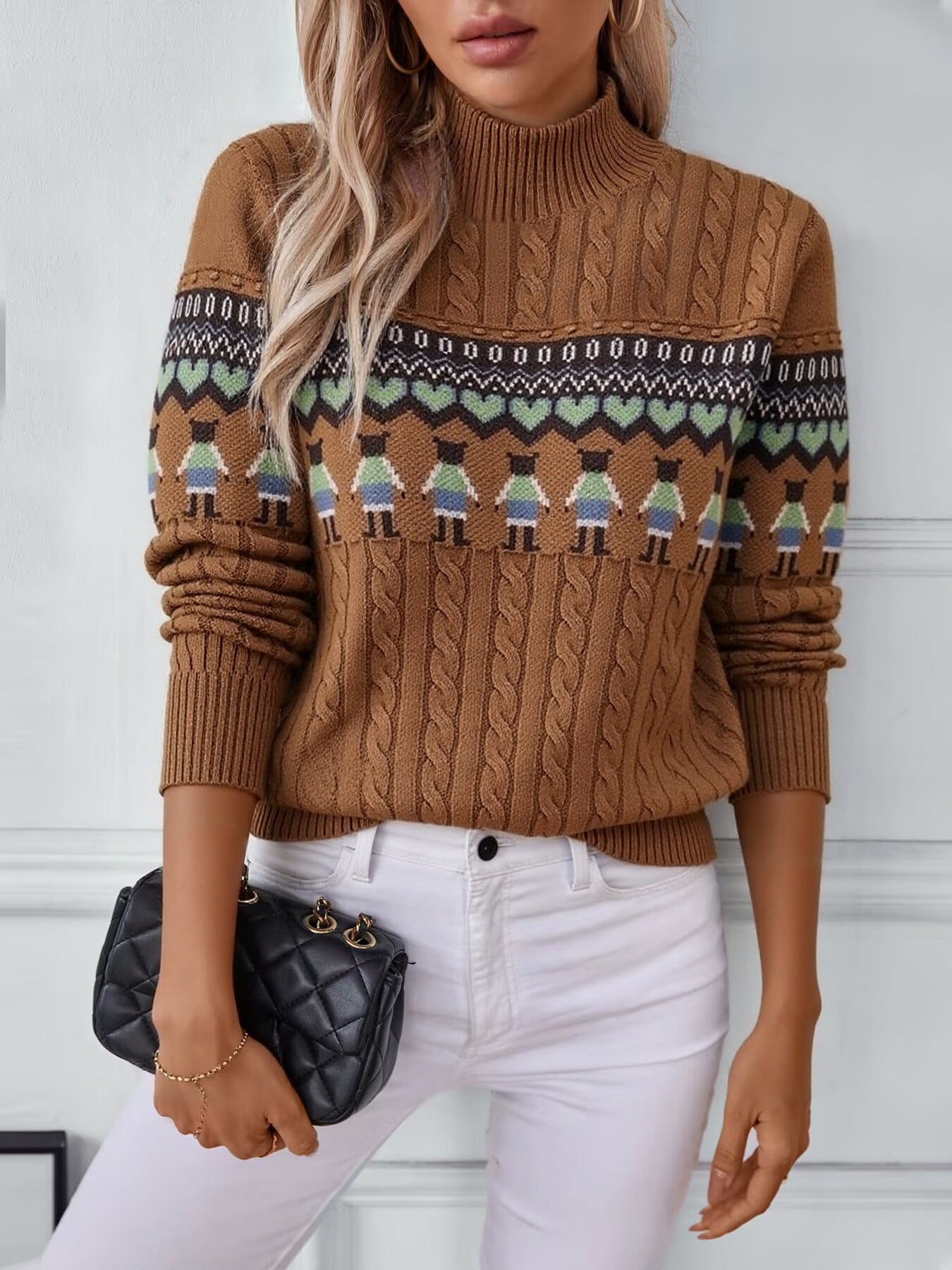 Women's knitted sweater with creative pattern and high collar NOVAE