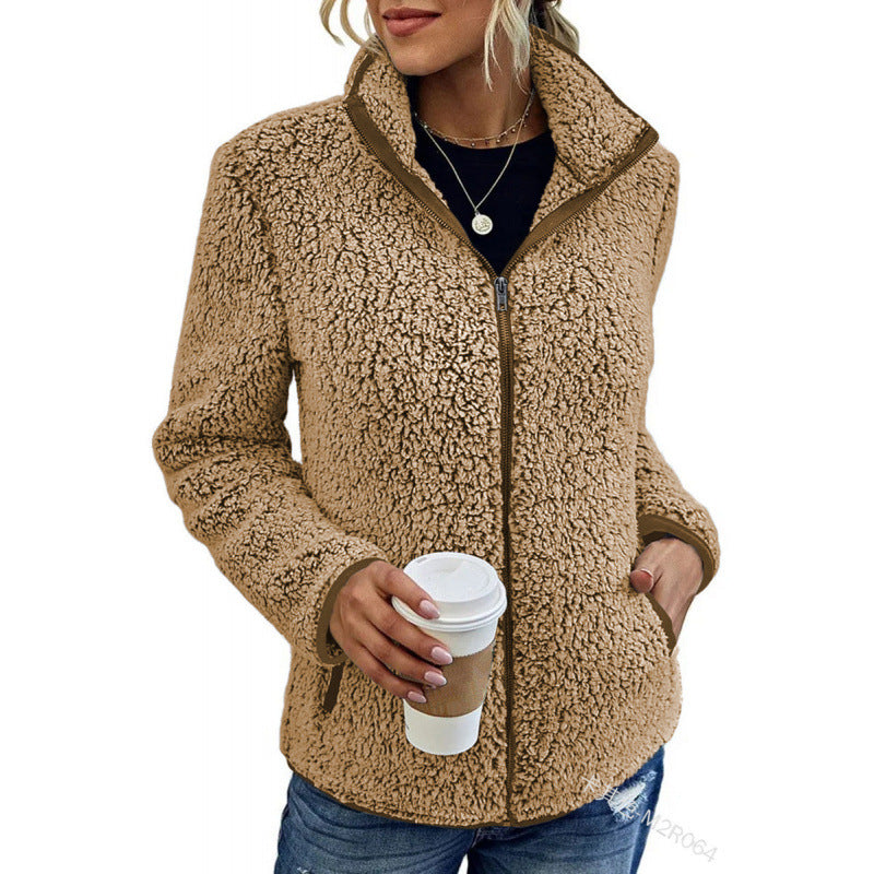 Women's fluffy fleece jacket with high collar and side pockets NOVAE