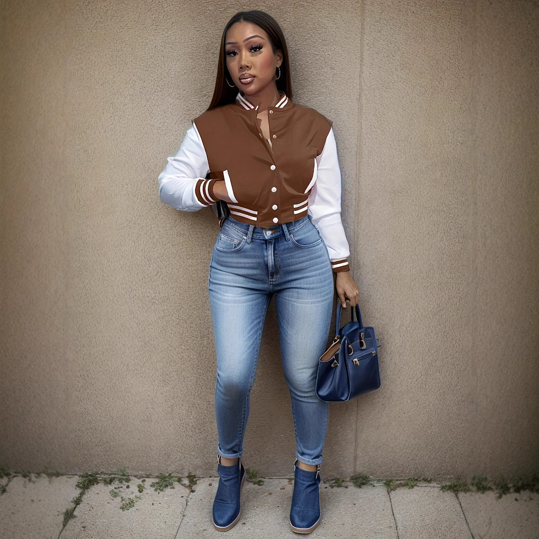 Women's varsity jacket with contrasting sleeves and structured collar NOVAE