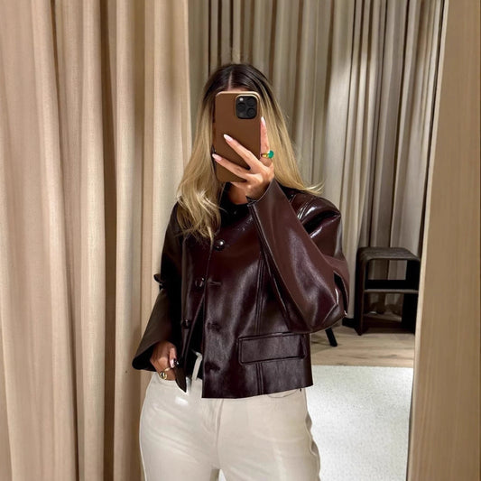 Women's fashionable faux leather jacket in a classic style with generous pockets NOVAE