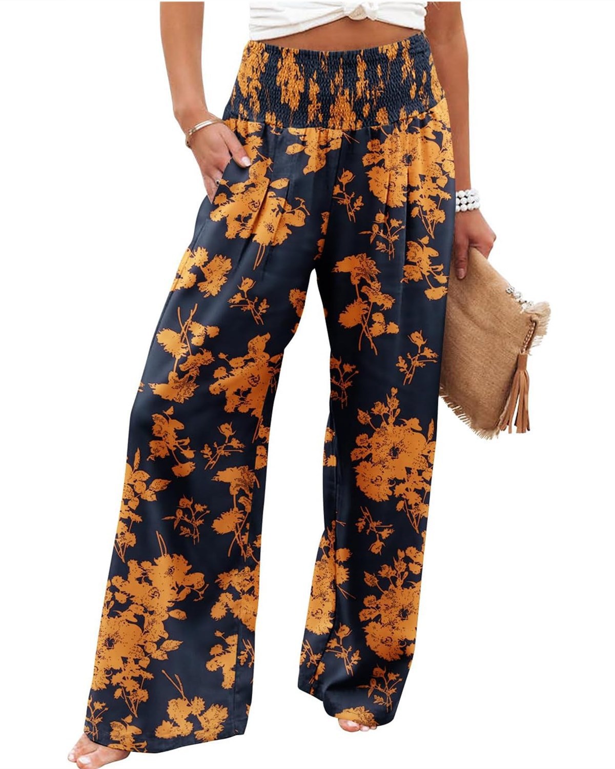 Women's palazzo trousers with elasticated waistband and floral pattern NOVAE