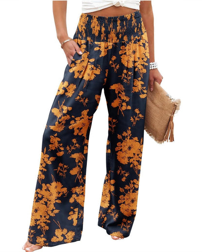 Women's palazzo trousers with elasticated waistband and floral pattern NOVAE