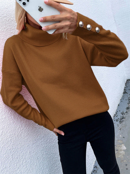 Women's roll-neck sweater with striped design and decorative buttons NOVAE