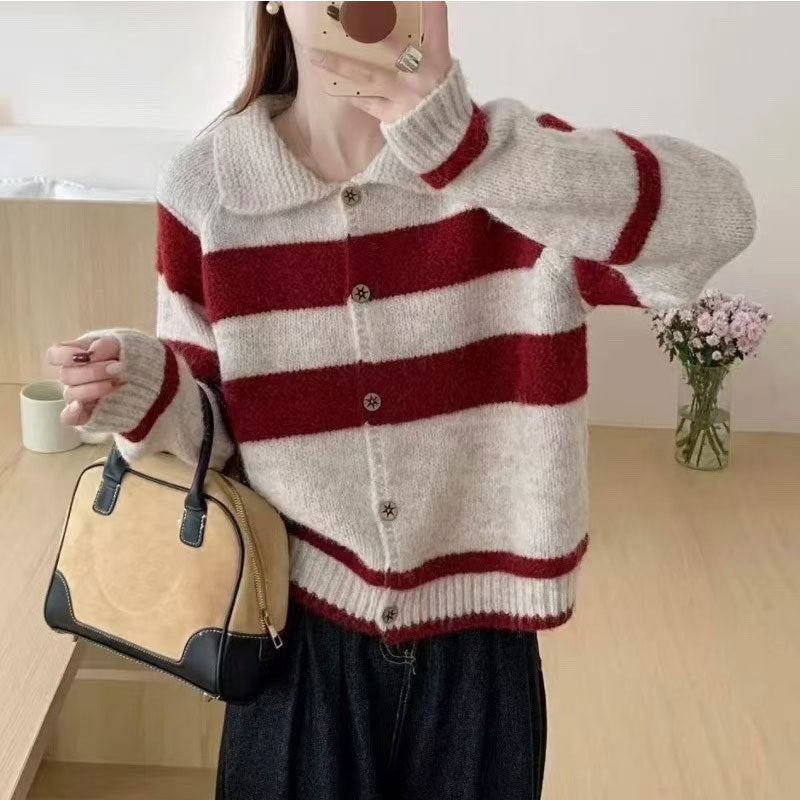 Women's cardigan with decorative collar and fashionable stripes NOVAE