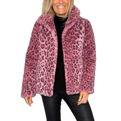 Women's Fluffy Leopard Print Jacket with High Collar NOVAE