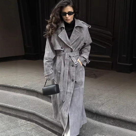 Women's stylish midi trench coat jacket with tie belt and practical pockets NOVAE