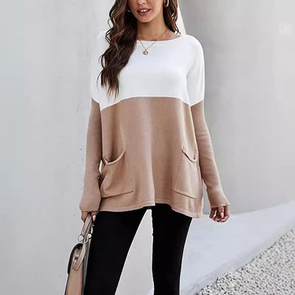 Women's knit sweater with large front pockets and contrasting design NOVAE