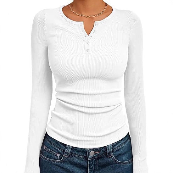 Women's fitted long-sleeved shirt with button placket and ribbed texture NOVAE