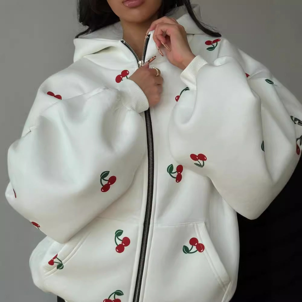 Women's hooded jacket with unique cherry design and oversized cut NOVAE