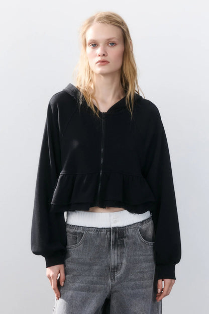 Women's cropped hooded jacket with playful ruffle design NOVAE