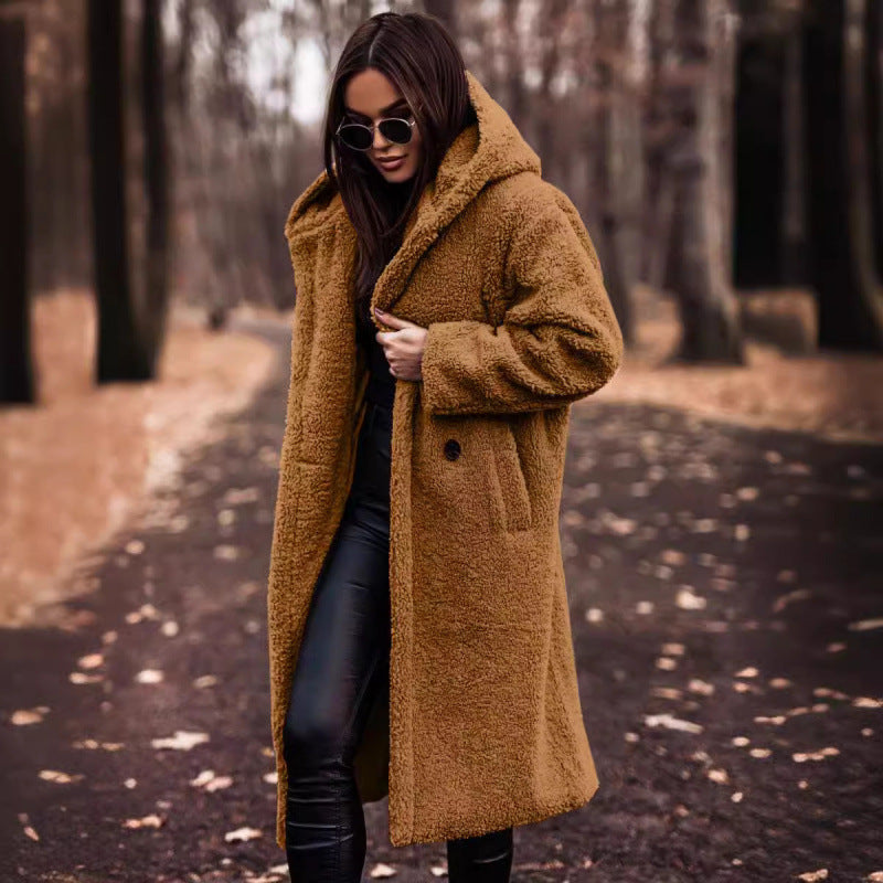 Women's cozy teddy coat with hood and button closure NOVAE