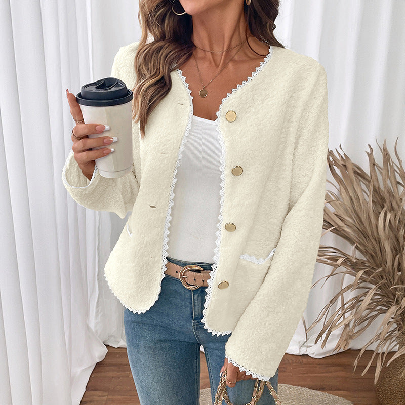 Women's soft teddy jacket with lace trim NOVAE