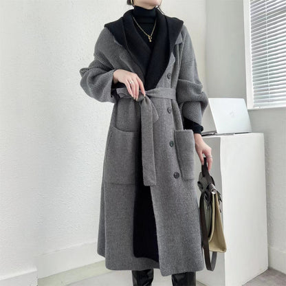 Women's Elegant Long Coat with Belt and Contrasting Sleeves NOVAE