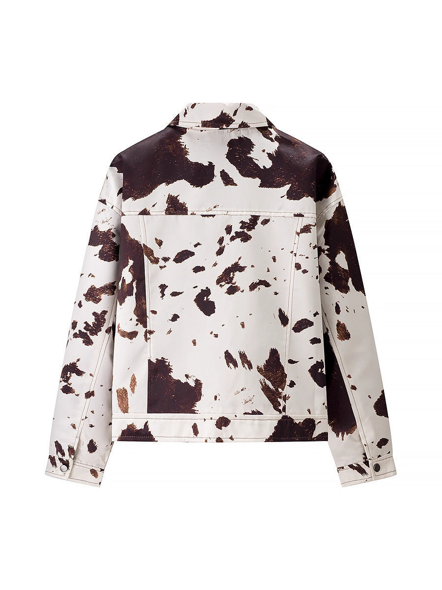 Women's casual denim jacket in a modern cow print design NOVAE