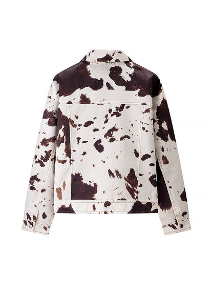 Women's casual denim jacket in a modern cow print design NOVAE