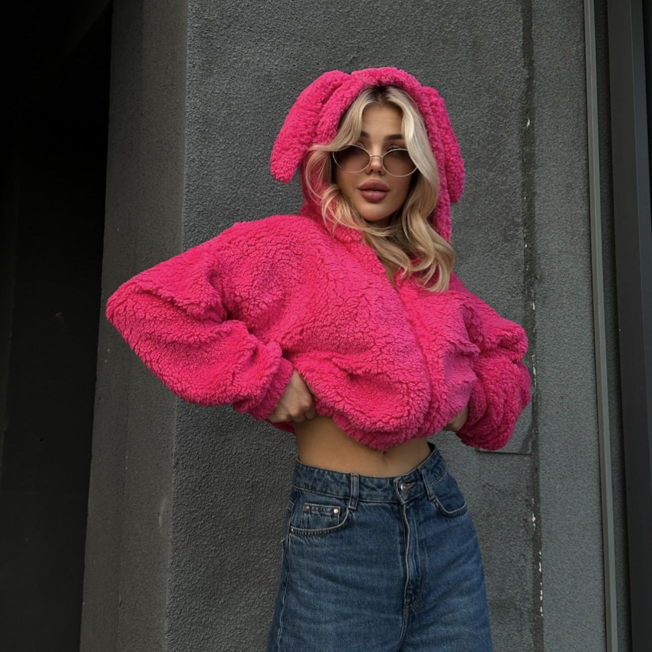 Women's cozy fleece jacket with animal hood design NOVAE