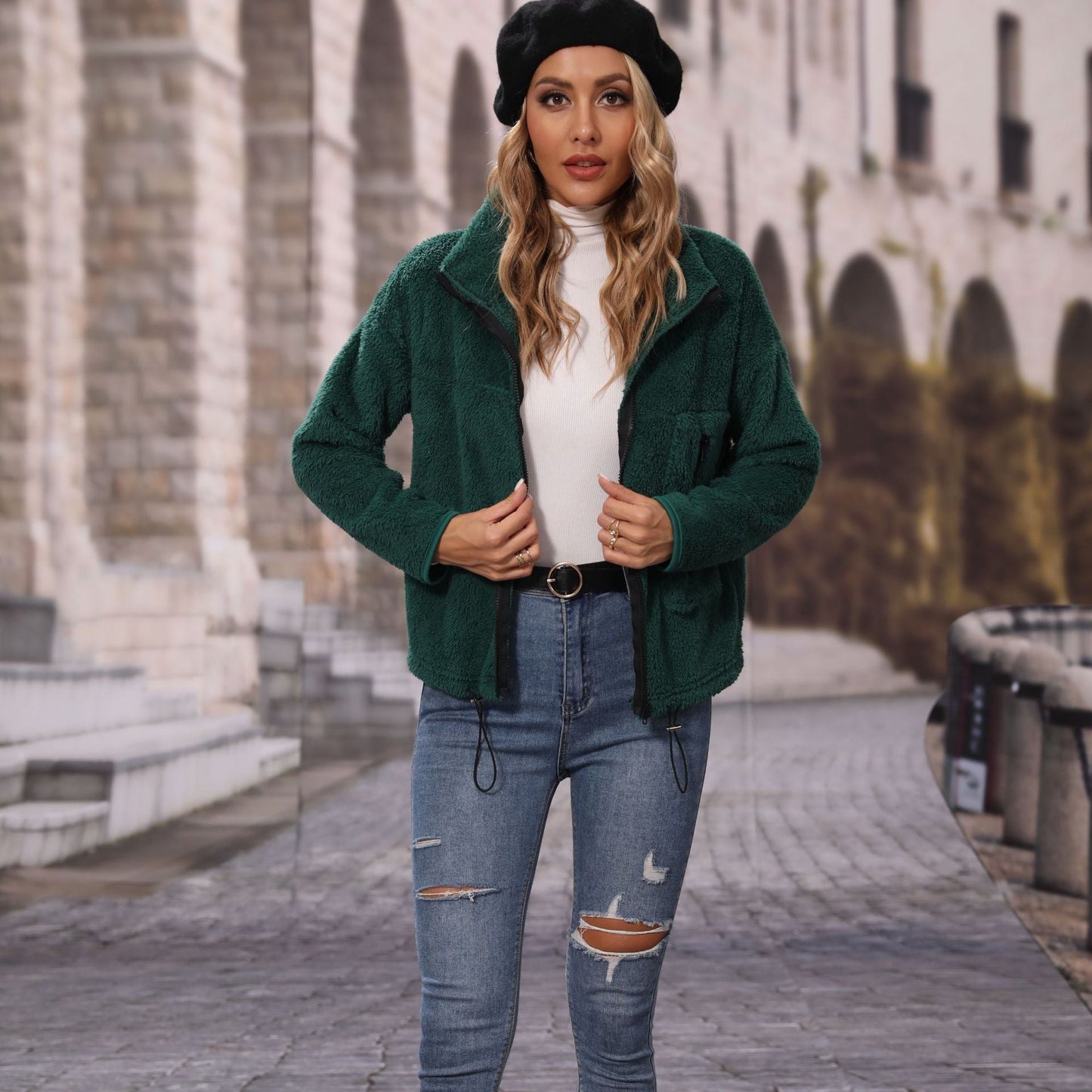 Women's fleece jacket with high collar and practical zip pockets NOVAE