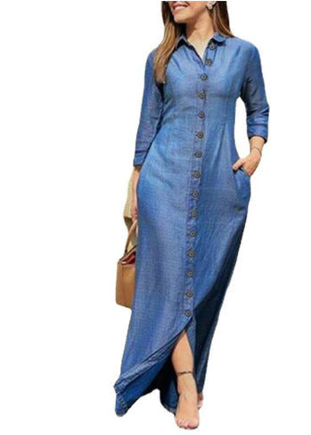 Women's long-sleeved maxi dress with button placket and side pockets NOVAE