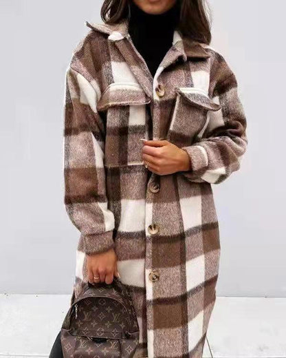 Women's Checkered Oversized Shirt Coat with Practical Pockets NOVAE