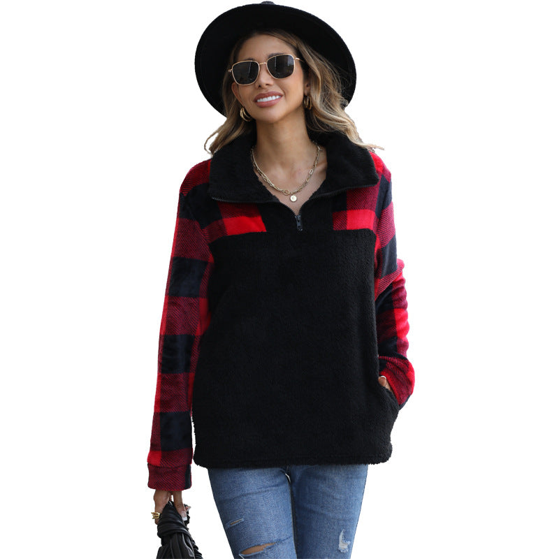 Women's Plush Half-Zip Checkered Sweater NOVAE