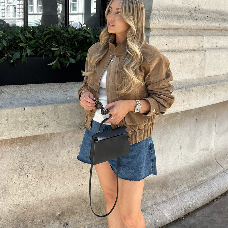 Women's suede jacket in a modern cropped style with pockets NOVAE