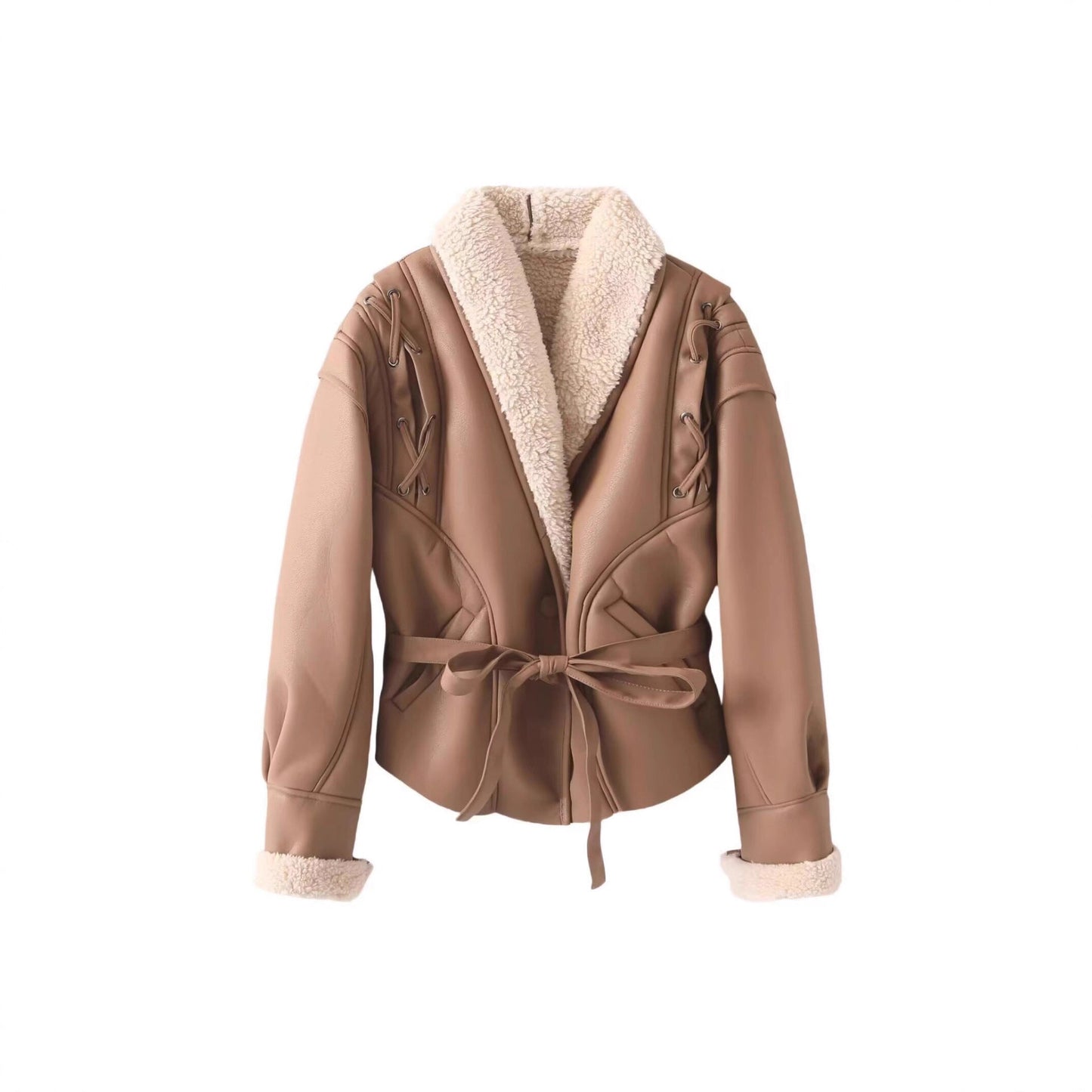 Women's trendy faux leather jacket with fluffy lining and tie belt NOVAE