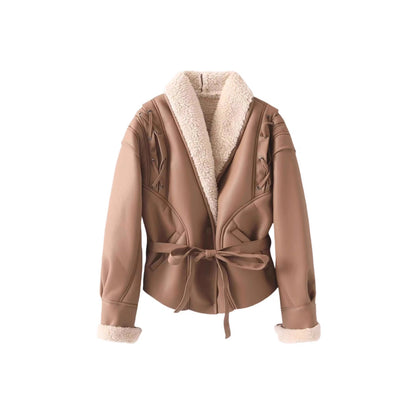Women's trendy faux leather jacket with fluffy lining and tie belt NOVAE