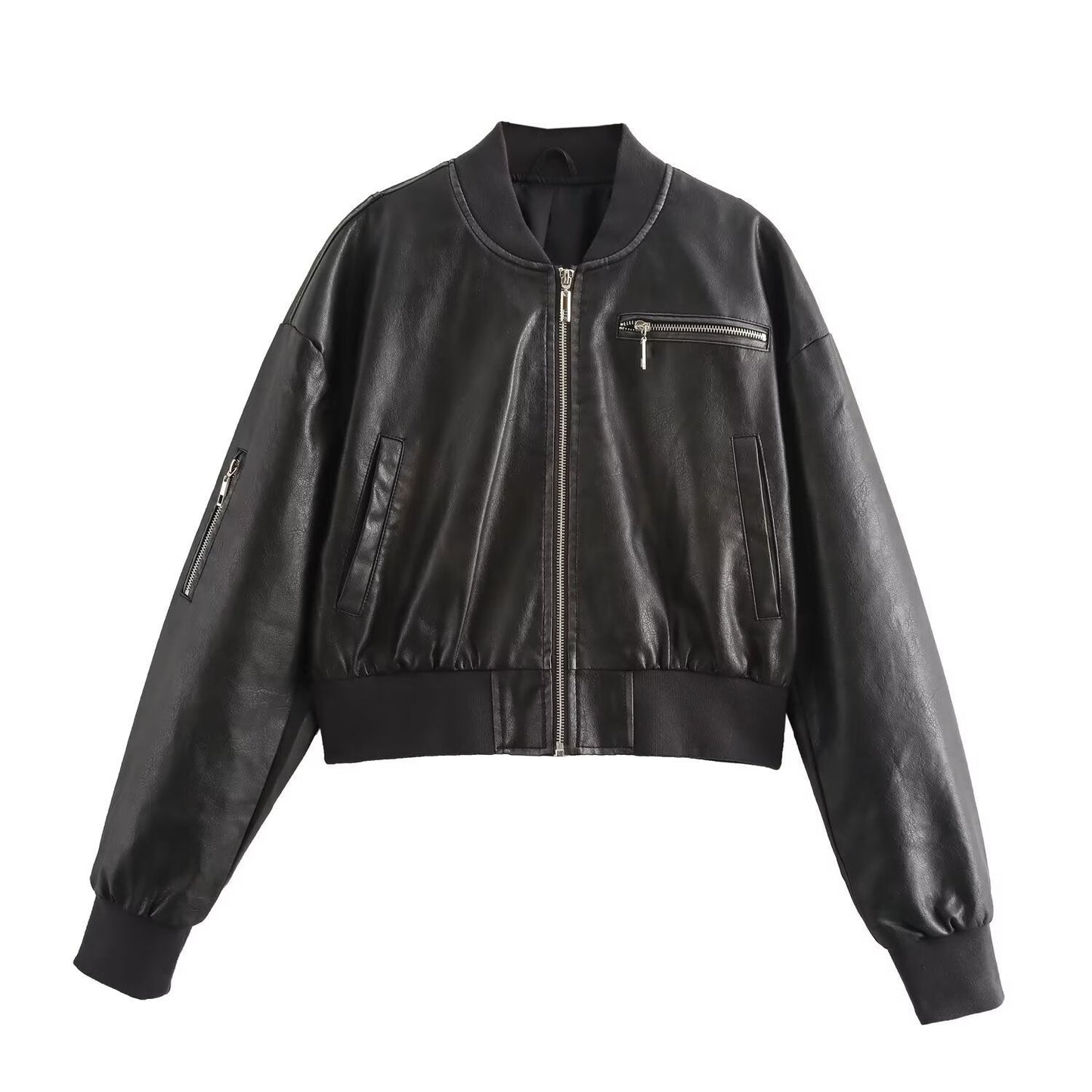 Women's leather bomber jacket with innovative zipper details NOVAE