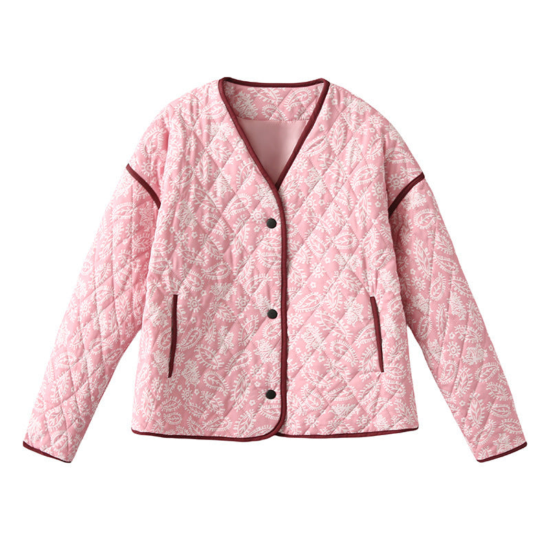 Women's quilted autumn jacket with a unique floral pattern and practical pockets NOVAE
