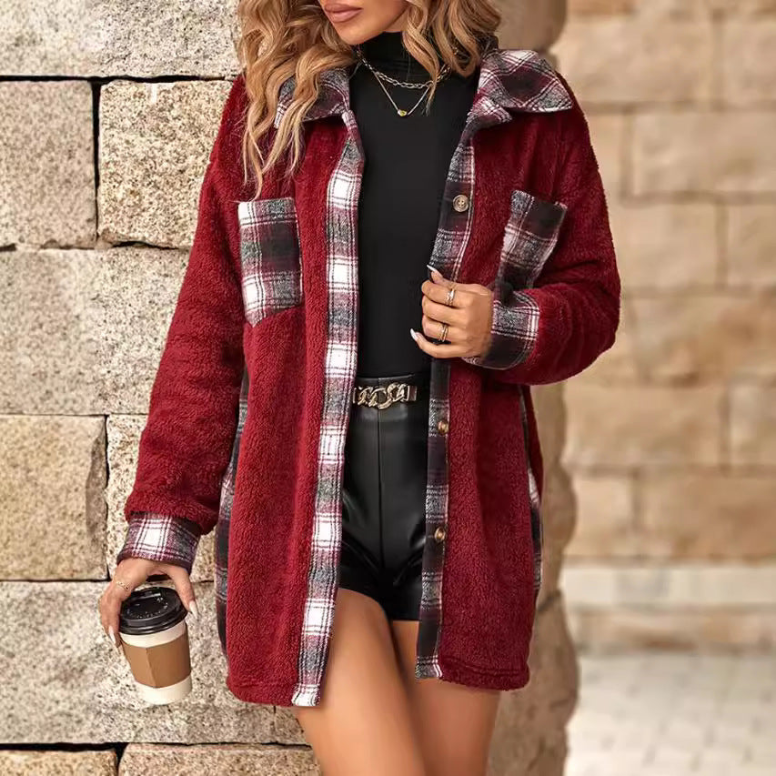 Women's fleece jacket with checked accents and practical cut NOVAE