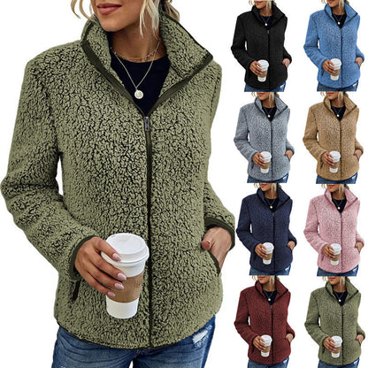 Women's fluffy fleece jacket with high collar and side pockets NOVAE