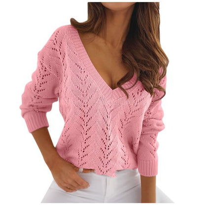 Women's knitted sweater with crochet pattern and V-neck NOVAE
