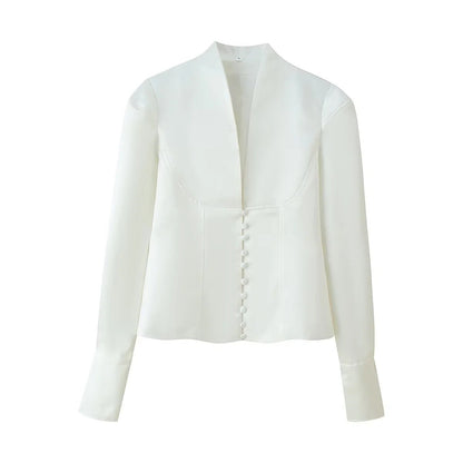 Women's fitted blouse with modern button details and stand-up collar NOVAE