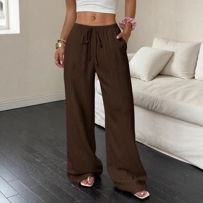 Women's casual and wide-legged leisure trousers with elasticated waistband and tie belt NOVAE