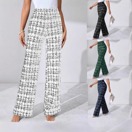 Women's High-Waisted Palazzo Trousers with Textured Check Pattern NOVAE