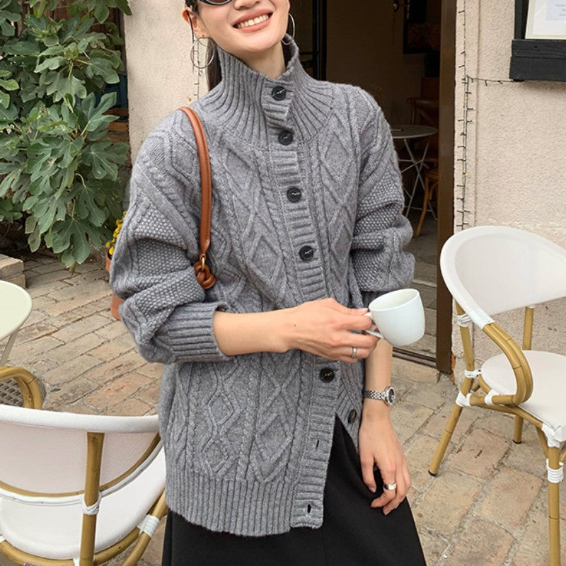 Women's cardigan with high collar and textured surface NOVAE