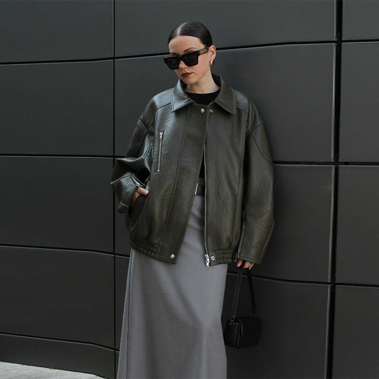 Women's leather jacket with a casual oversized cut NOVAE