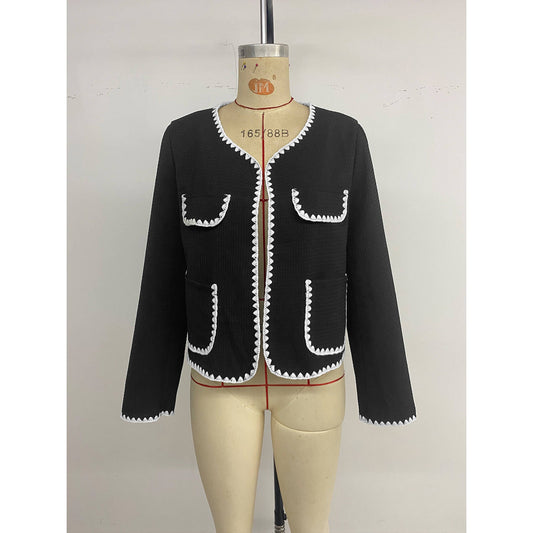 Women's elegant short-sleeved blazer jacket with contrasting piping details and pockets NOVAE