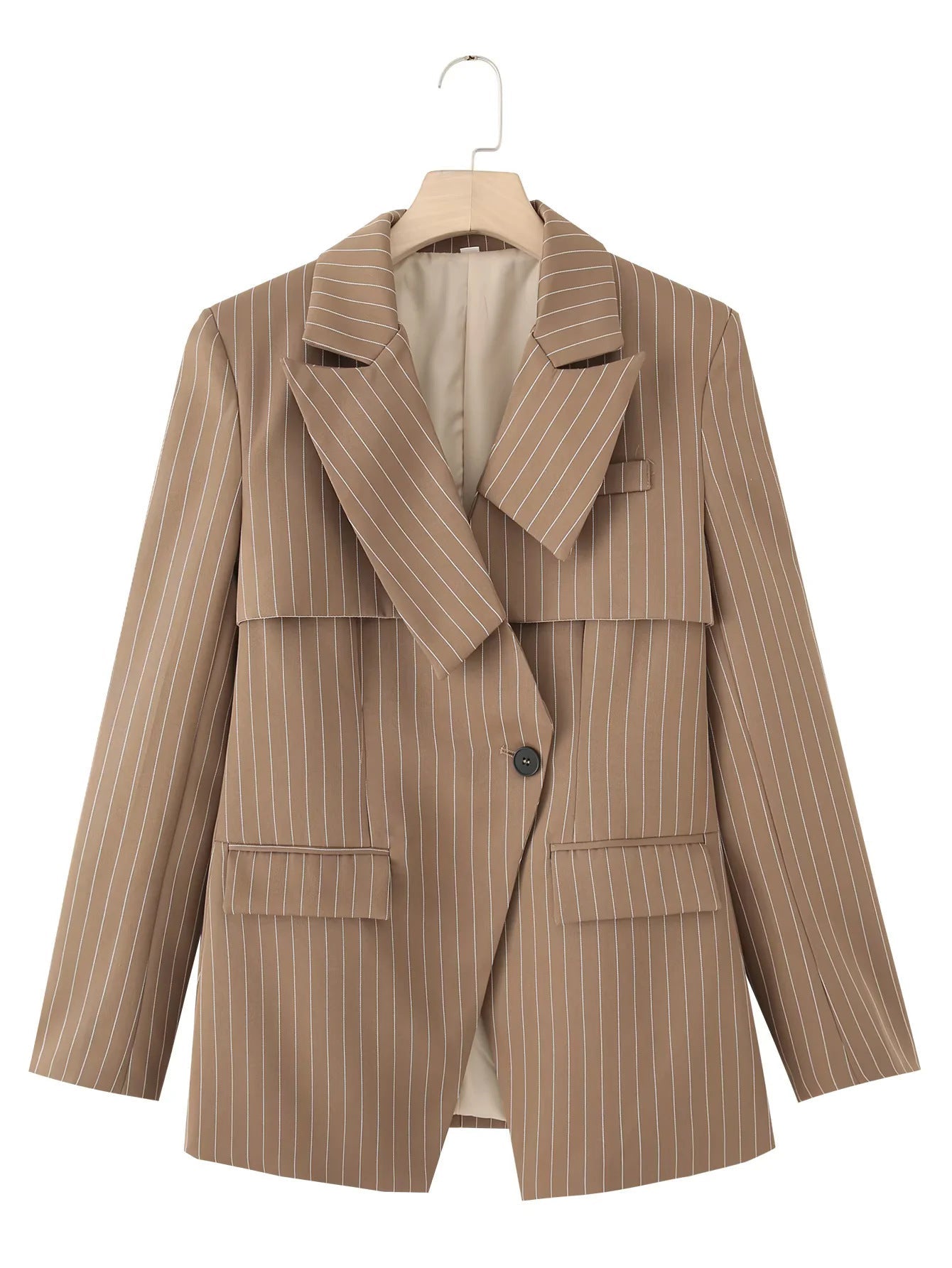 Women's fashionable blazer jacket with asymmetrical collar and elegant pinstripes NOVAE