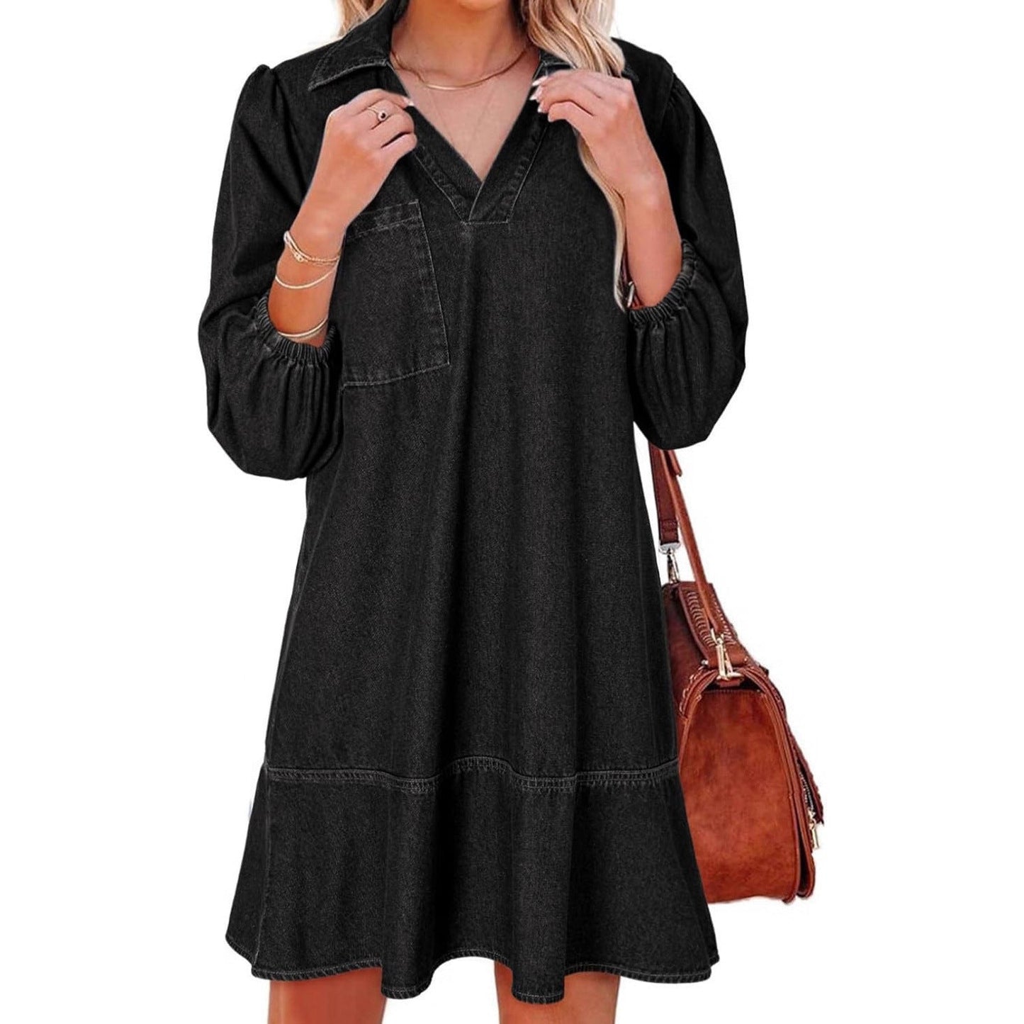 Women's denim dress with voluminous sleeves and side pocket NOVAE